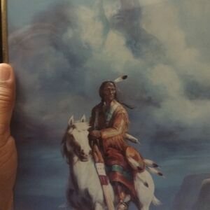 Native American Warrior on White Horse Print - Blue Tones